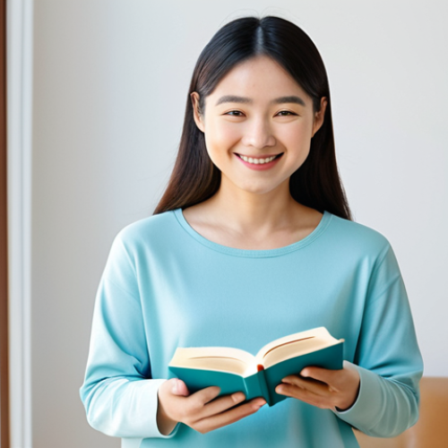 Home 9 UNIQLO AIRism Lifestyle**
"A woman wearing a light, modest AIRism top in a pastel color, fully clothed, in a bright, airy room with soft, natural light. She is smiling gently, holding a book. Background is a clean, minimalist apartment. safe for work, appropriate content, professional, perfect anatomy, natural proportions, well-formed hands, proper finger count, family-friendly."
**