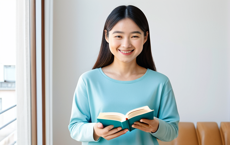 UNIQLO AIRism Lifestyle**
"A woman wearing a light, modest AIRism top in a pastel color, fully clothed, in a bright, airy room with soft, natural light. She is smiling gently, holding a book. Background is a clean, minimalist apartment. safe for work, appropriate content, professional, perfect anatomy, natural proportions, well-formed hands, proper finger count, family-friendly."
**