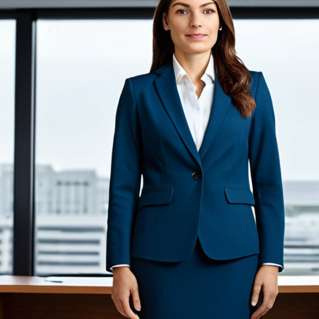 아디다스 vs 언더아머 트레이닝복 비교 - A professional businesswoman in a modest business suit, standing confidently in a modern office. Ful...