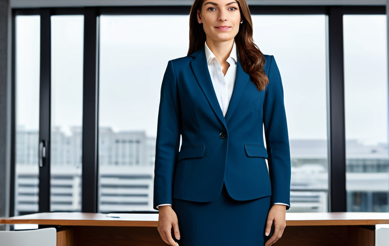 아디다스 vs 언더아머 트레이닝복 비교 - A professional businesswoman in a modest business suit, standing confidently in a modern office. Ful...