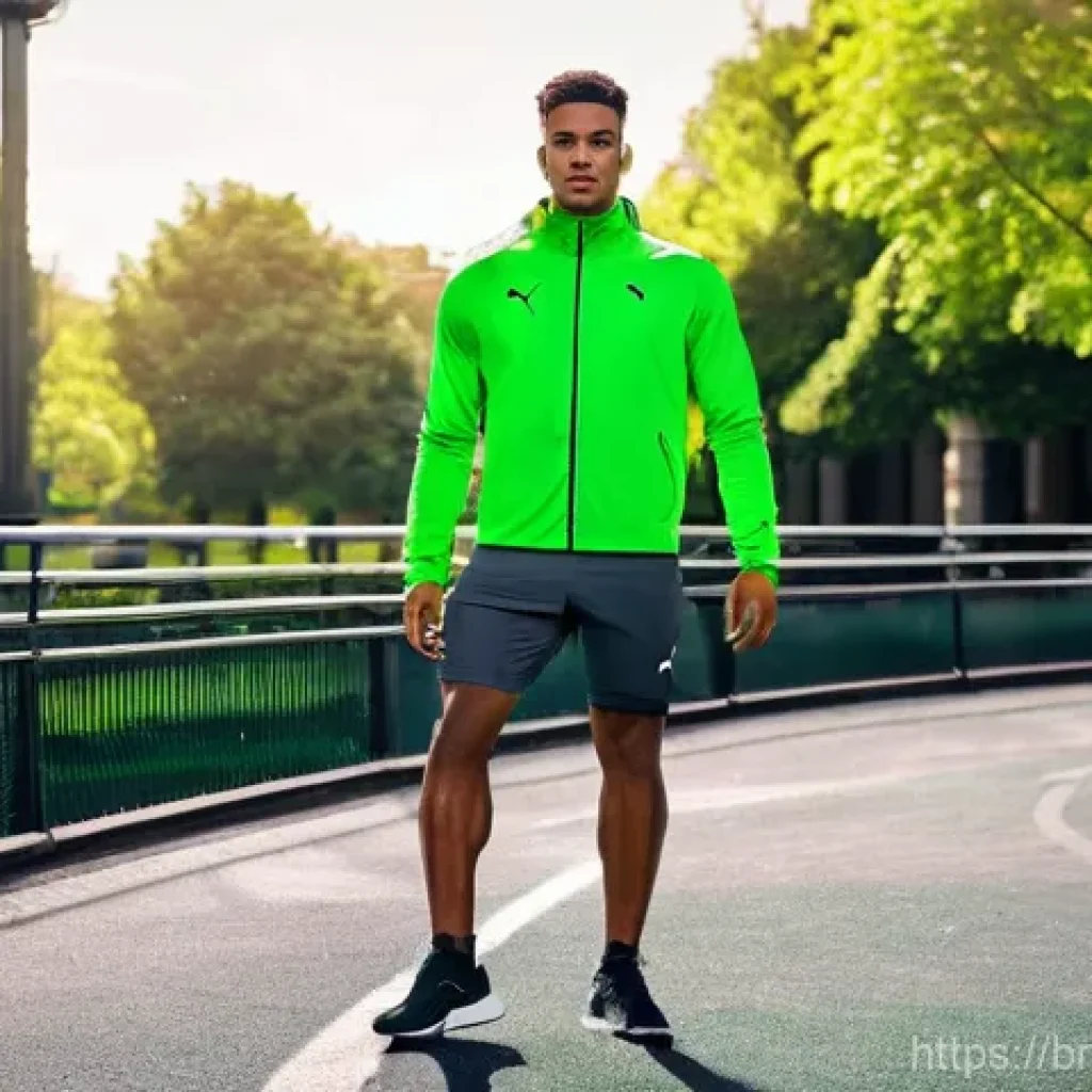 푸마 트랙재킷과 디아도라 비교 - **Prompt 1: Puma - Modern Athleticism**
A dynamic young man in his early 20s, with a fit and ath...