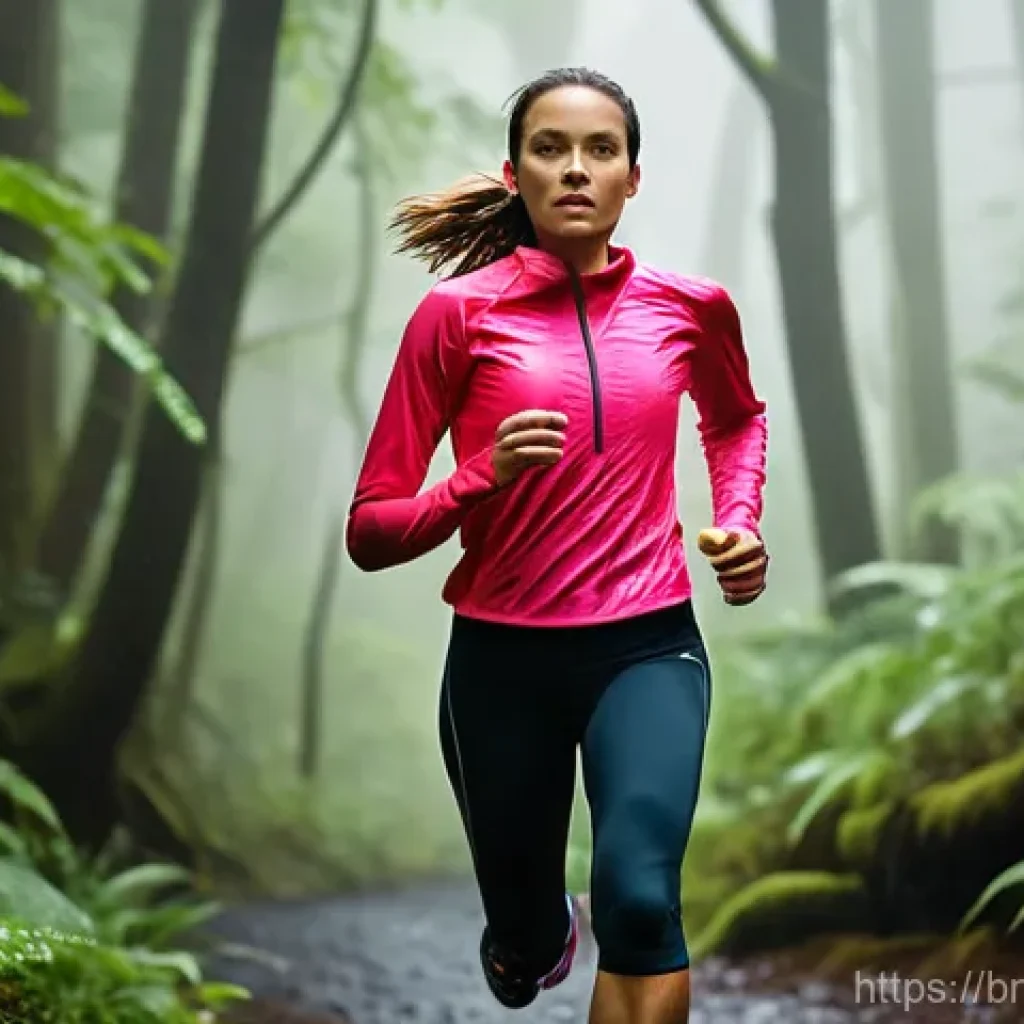 언더아머의 방수 레깅스 추천 - A determined female runner, mid-20s, is captured mid-stride on a damp forest trail during a light ra...