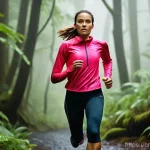 언더아머의 방수 레깅스 추천 - A determined female runner, mid-20s, is captured mid-stride on a damp forest trail during a light ra...