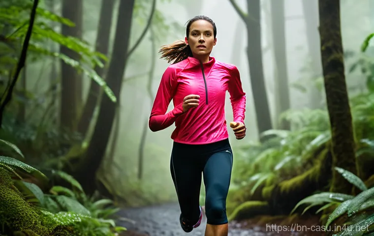 언더아머의 방수 레깅스 추천 - A determined female runner, mid-20s, is captured mid-stride on a damp forest trail during a light ra...