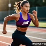 뉴발란스 여성 스포츠 브라 추천 - A dynamic, full-body shot of a strong, fit woman in her late 20s, with a focused and determined expr...